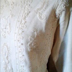 Cream colored floral long sleeve beaded sweater